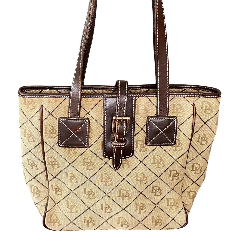 Dooney & Bourke Signature Monogram Tote Canvas Purse Tan Brown Leather Trim Y2K